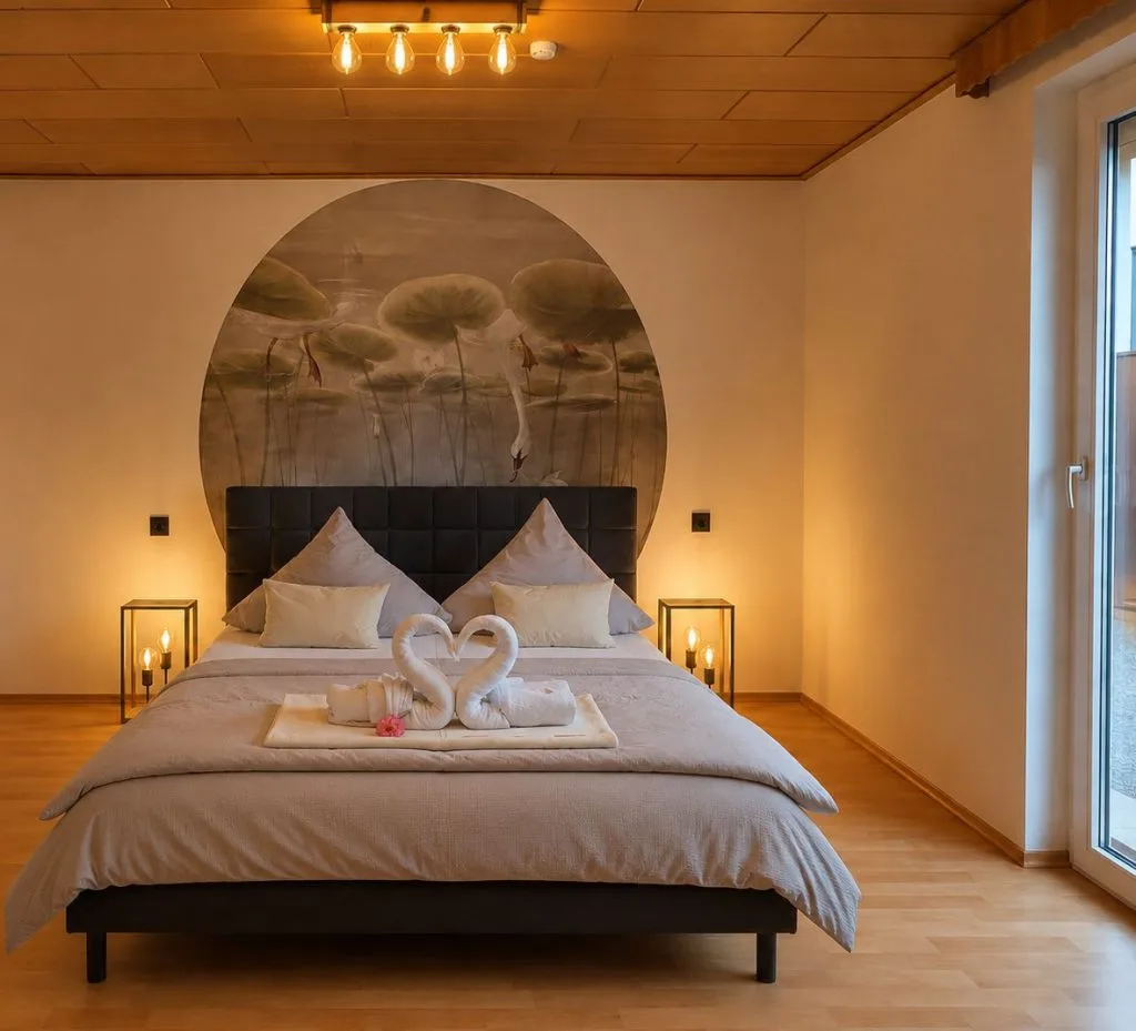 Schlafzimmer der Ferienwohnung Burgjuwel mit Doppelbett, Nachttischleuchten und rundem Wandbild
