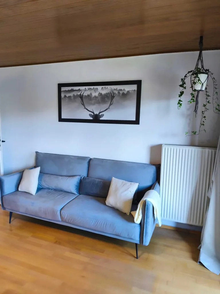 Wohnbereich der Ferienwohnung Burgperle mit grauem Sofa