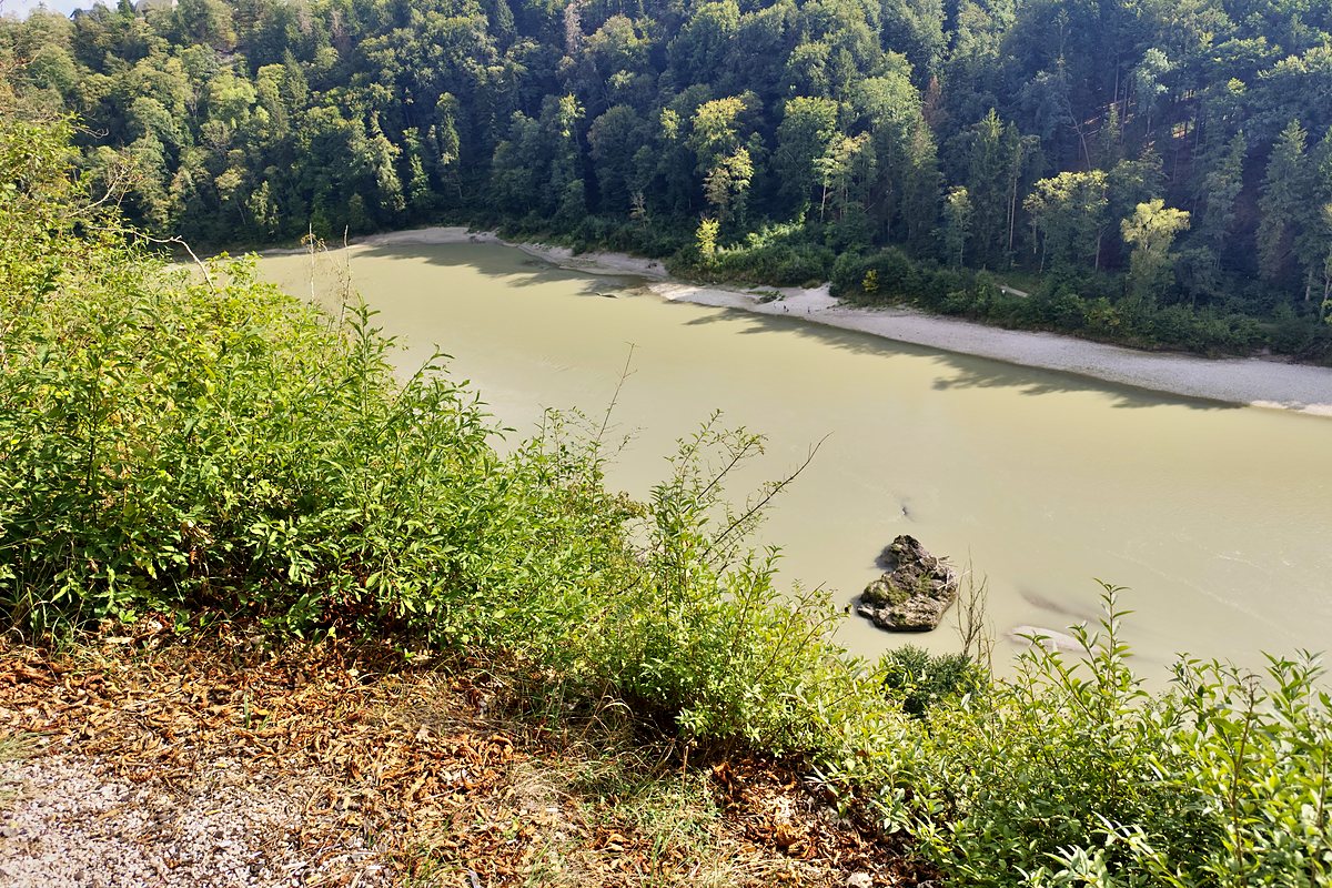 Uferkante über der Salzach mit Kiesbank und bewaldetem Gegenhang